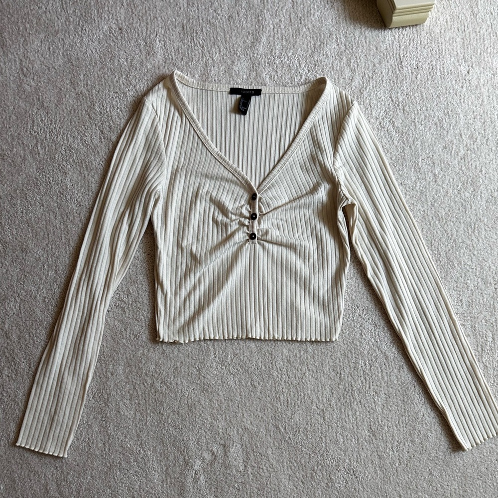 Forever 21 Cream Ribbed V-Neck Crop Top